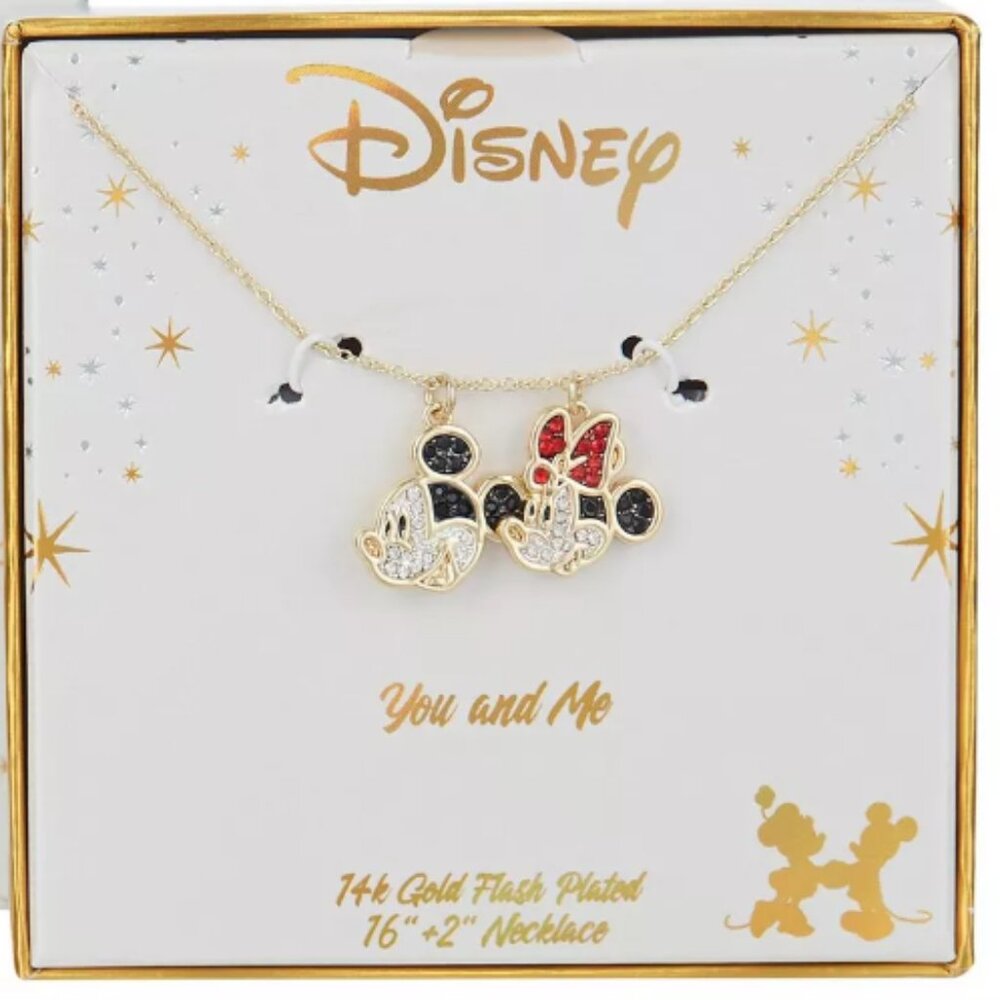 Disney Mickey Mouse & Minnie Mouse Profile Charm Necklace 14K Gold Flash Plated